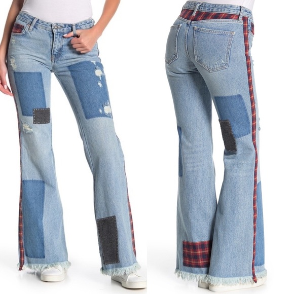 Free People Mix Plaid Slim Flare Jeans - Picture 3 of 13